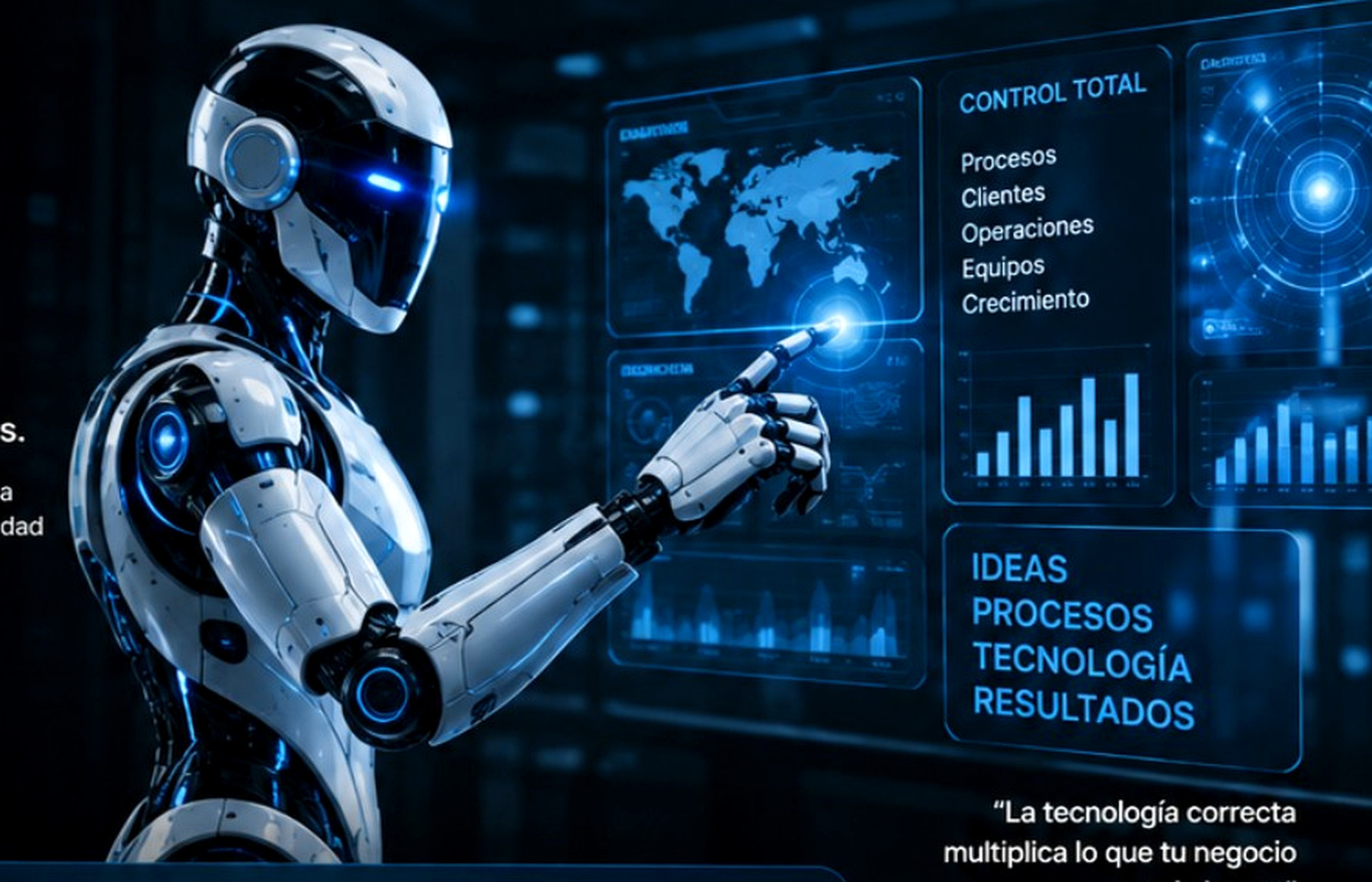 Robot tecnológico Mandora 360 interactuando con dashboards